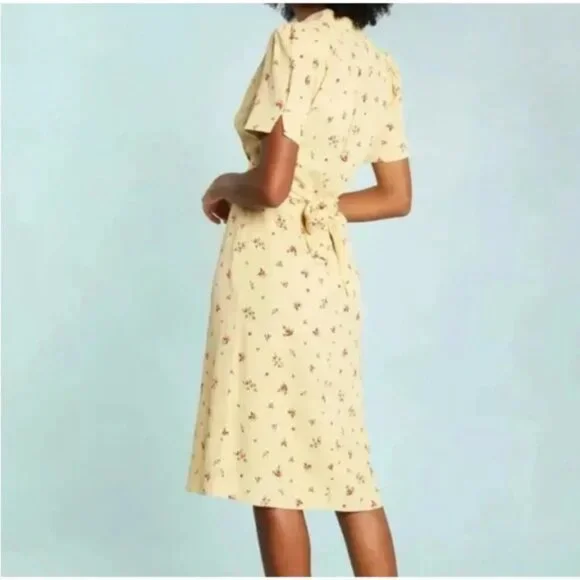 Rouje Paris Womens Midi Plunge Neck Dress Yellow Floral Size 34 US 2 Summer Lux - Picture 2 of 12